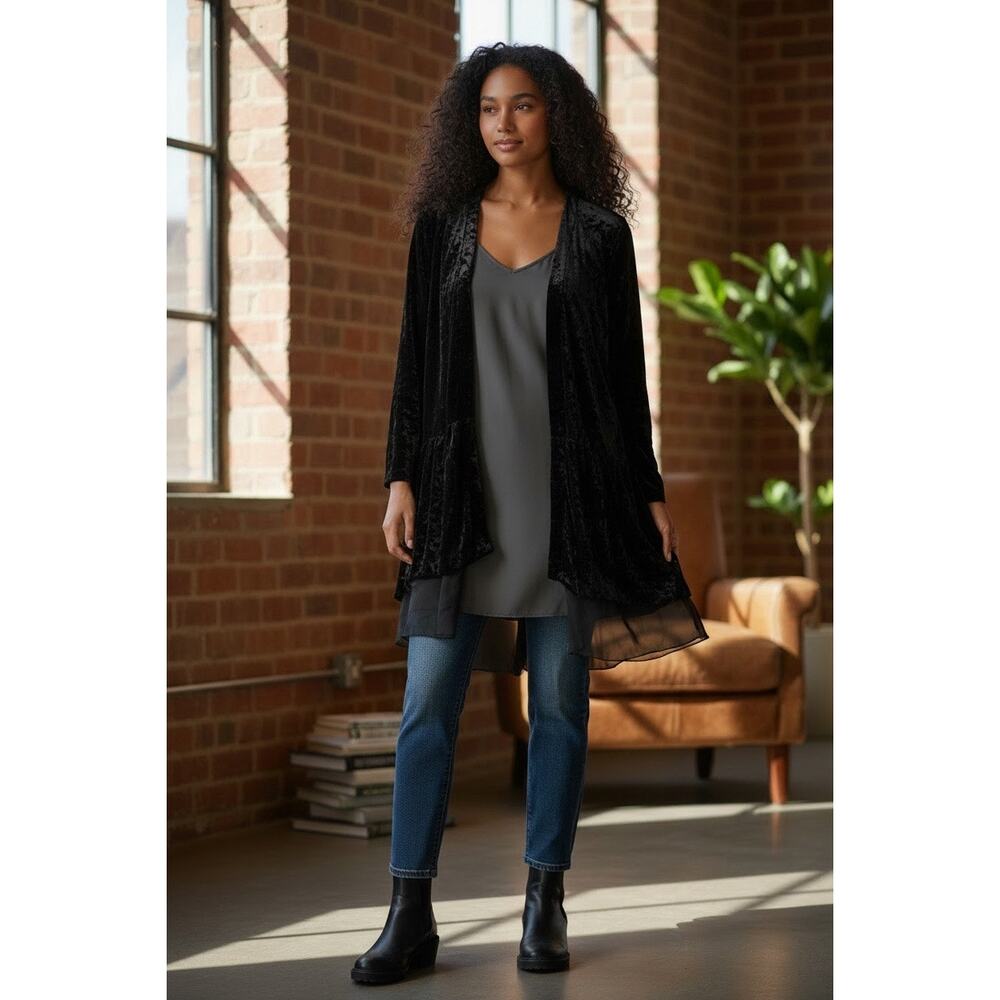 Black Sz L Long Velvet Mesh Sheer Duster Open Cardigan Formal Witchy Whimsigoth
